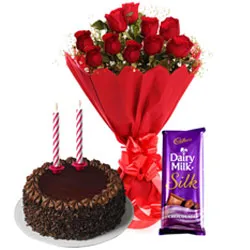 Order Red Roses Bouquet with Cadbury Dairy Milk Silk, Chocolate Cake and Candles