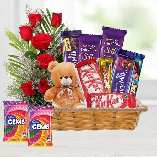 Deliver Chocolates Basket N Roses Bouquet