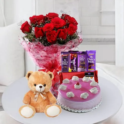 Online Cake with Chocolates, Teddy n Flowers for Birthday
