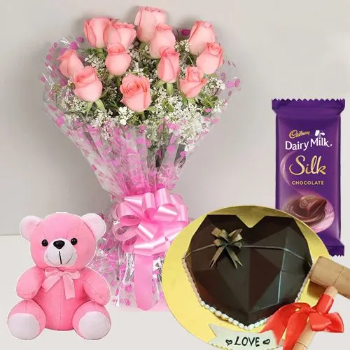 Romantic Gift of Chocolaty Love Smash Cake, Pink Rose Bouquet, Cadbury Silk n Teddy
