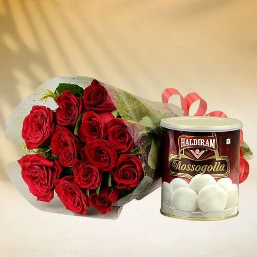Fantastic Red Roses Bouquet n Haldiram Rasgulla Combo