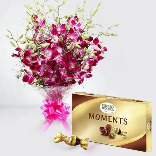Sending artistic bouquet of orchids with ferrero rocher chocolate box to  Delhi, Same Day Delivery - DelhiOnlineFlorists