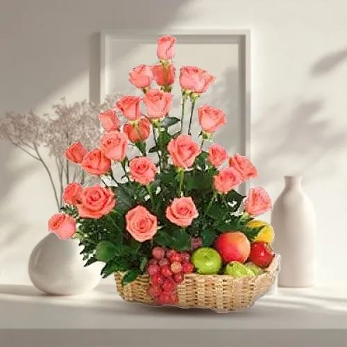 Deliver Basket of Fresh Fruits N Roses