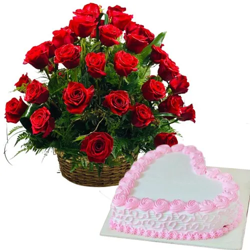 Deliver Roses Basket Arrangement and  Love Cake