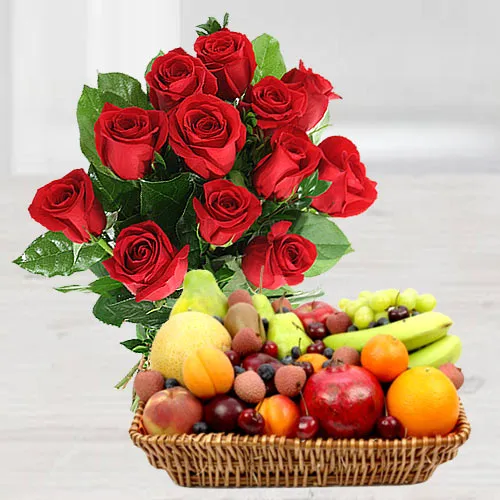 Send Red Roses Bunch N Fruits Basket Online