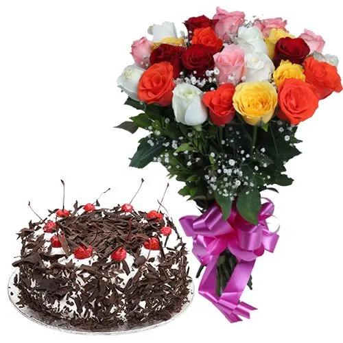 Book Online Mixed Roses Bunch with Black Forest Cake