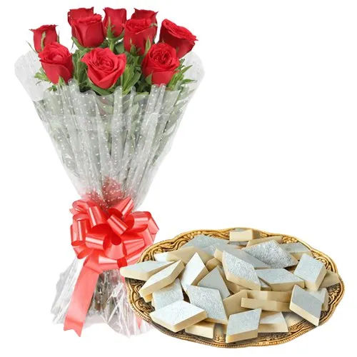 Order Bunch of Red Roses with Kaju Barfi Online