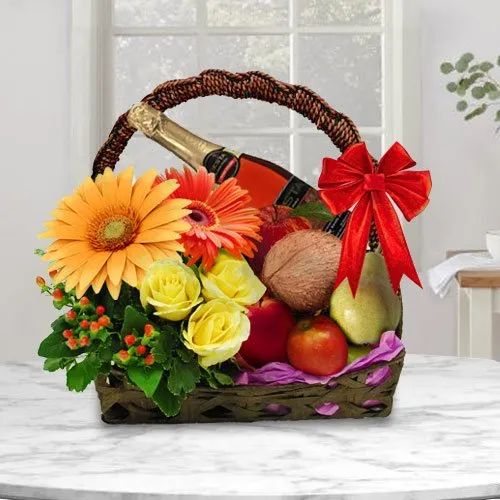 Gift Online Fruits Basket with Mixed Flowers n Fruits Juice