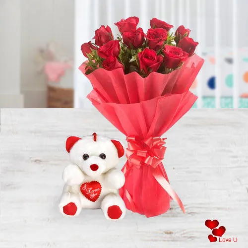 Shop Online for Red Roses Bouquet N Teddy