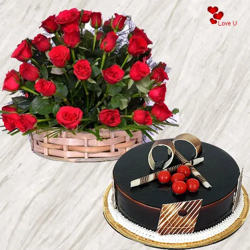 Deliver Red Roses Basket N Chocolate Cake Online
