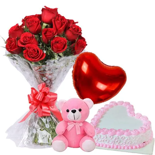 Gift Red Roses Bunch with Teddy, Love Cake N Balloon Online
