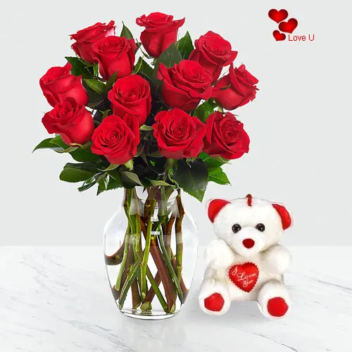 Deliver Red Roses in a Vase with Teddy for Rose day