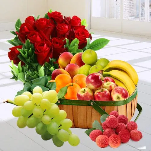 Premium Fresh Fruits Gift Basket with Red Rose Bouquet