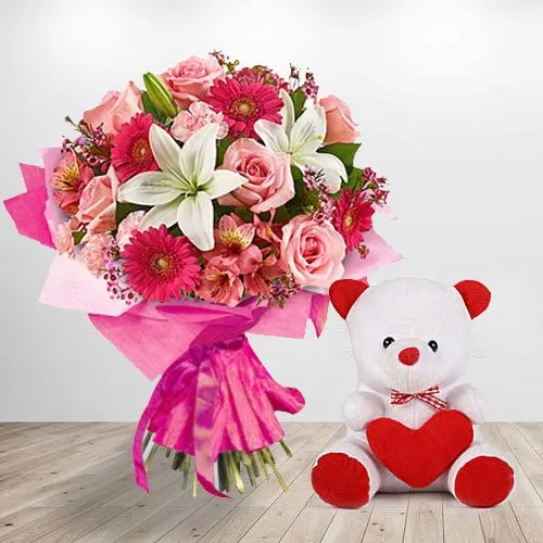 Shop Online Teddy Bear and Assortment of Flowers