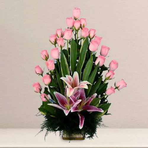 Pink Precision Rose n Lily Basket