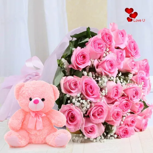 Send Online Pink Roses Bouquet N Teddy for Promise Day
