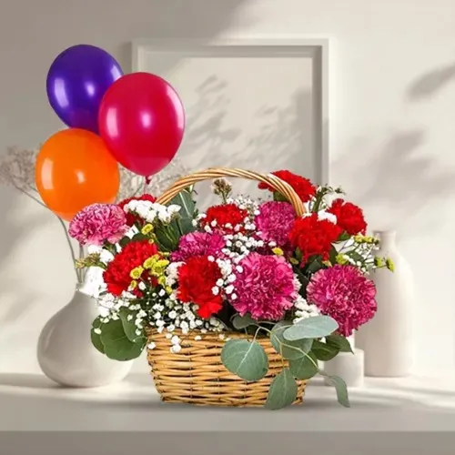 Online Mixed Carnations Basket with Balloons
