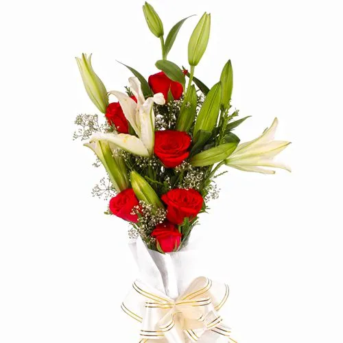 Buy Red Roses N White Lilies Bouquet Online