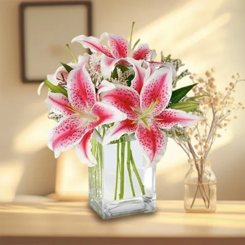 Deliver Pink Lilies in Glass Vase Online