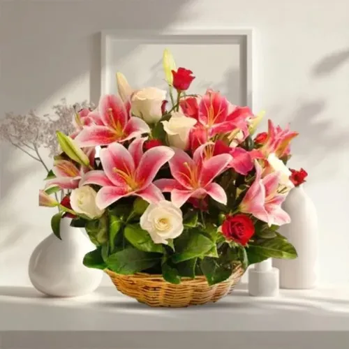 Buy Online Arrangement of Pink Roses N Lilies