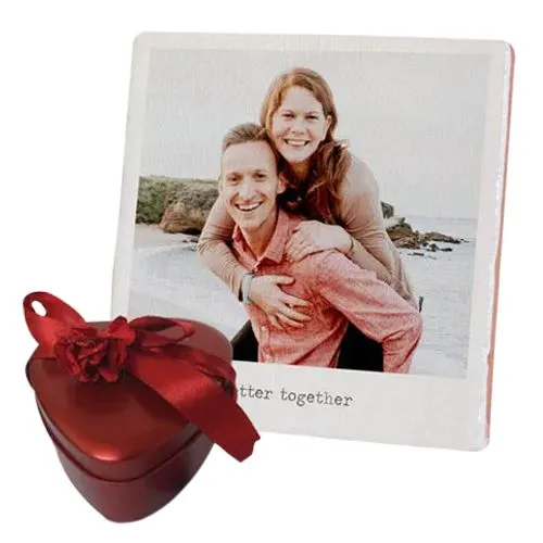 Deliver Personalized Photo Tile with Heart Shape Hand Made Chocolates