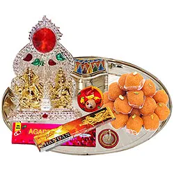 Remarkable Ganesh Lakshmi Idols with Silver Plated Thali and Pure Ghee Ladoo