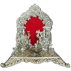 Marvelous Silver Plated Laxmi Ganesh in Mandap and Diya