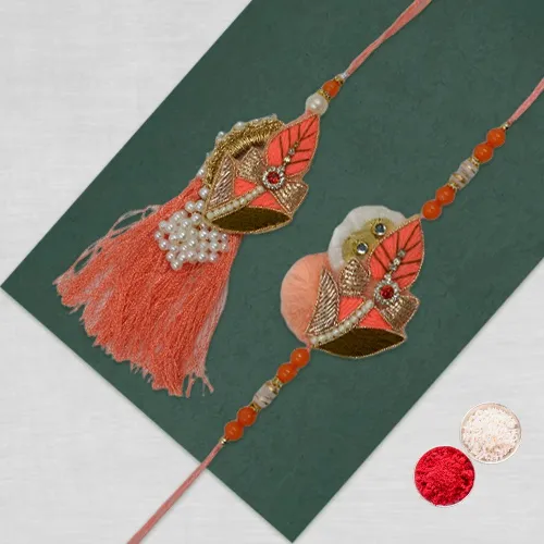 Dazzling Pair Couple Rakhi in Peach Colour