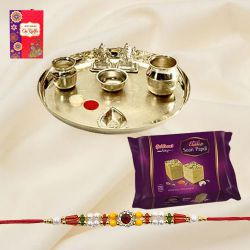 Soan Papri from Haldiram and Stylish and Trendy looking Silver Plated Paan Shaped Puja Aarti Thali (weight 52 gms) along Rakhi, Roli Tilak and Chawal Soan Papri from Haldiram and Stylish and Trendy looking Silver Plated Paan Shaped Puja Aarti Thali (weight 52 gms) along Rakhi, Roli Tilak and Chawal