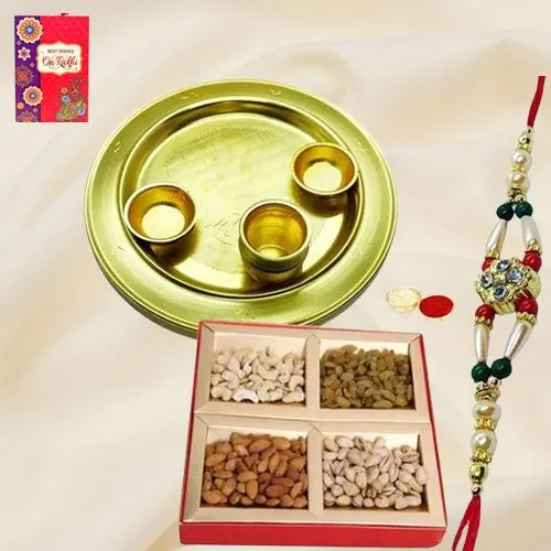 Special Gold Plated Thali with Dry Fruits and Rakhi