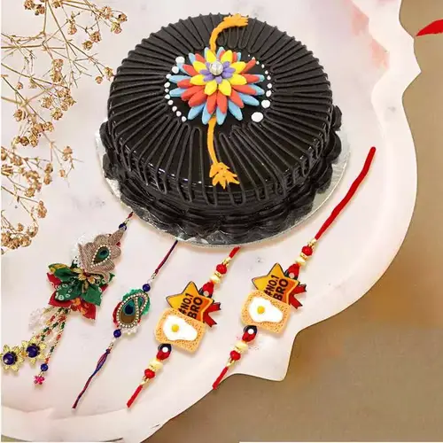 Sensational Family Rakhi Set with Chocolate Cake