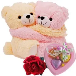 Send Hugging Couple Teddy with Rose and Homemade Chocolates