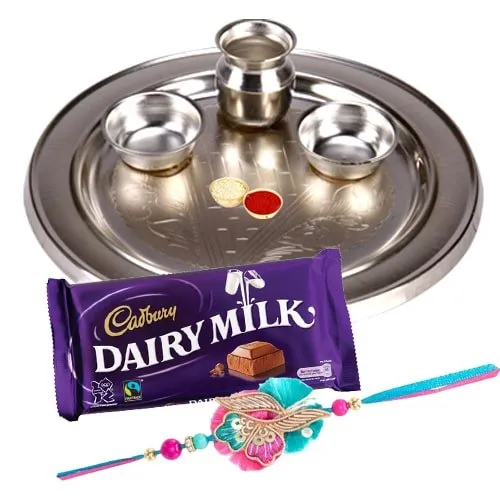 Silver Plated Rakhi Thali, One or More Rakhi Options with 1 Dairy Milk 95 gr.