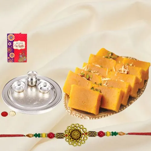 Rakhi with Soan Papdi  & Silver Plated Thali