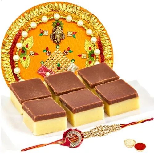 Irresistible Gift of Chocolate Burfi with Rakhi Thali and Rakhi