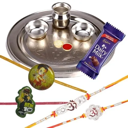 Silver Plated Rakhi Thali with 2 Om Rakhi, 2 Kids Rakhi and 1 Dairy Milk