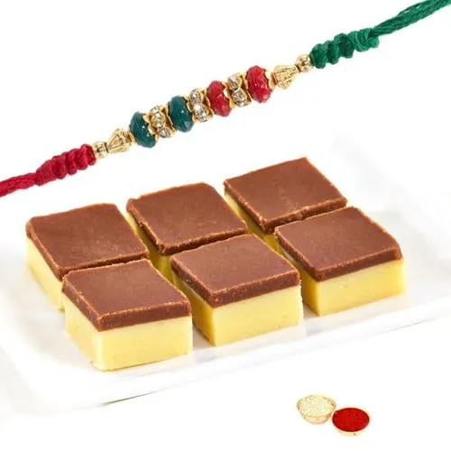 Delectable Pack of Chocolate Barfi-500g with One Stylish Rakhi