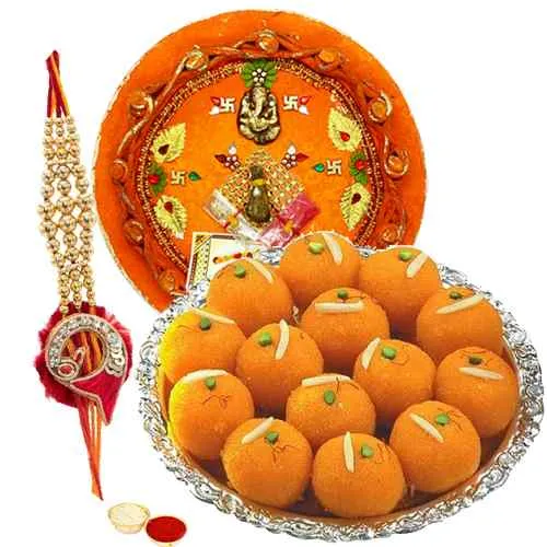 Classic Combo of Rakhi with Motichur Ladoo N 1 Rakhi Thali