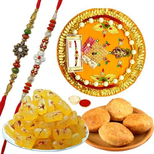 Exclusive Gift of Kesaria Angori Petha, 4 Kachori, 2 Rakhi N 1 Rakhi Thali