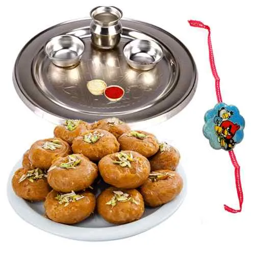 Exclusive Combo of 1 Rakhi Thali N 1 Kids Rakhi with Pack of Balushahi