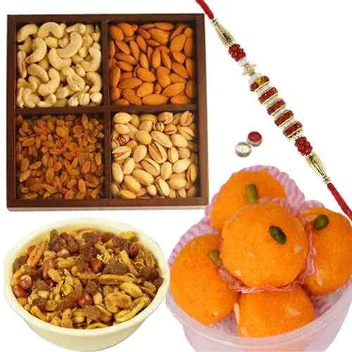 Rakhi with Mix Dry Fruit, Boondi Ladoo and Mix Namkeen