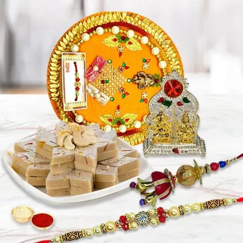 Bhaiya Bhabhi Rakhi Set with Kaju Katli, Pooja Thali