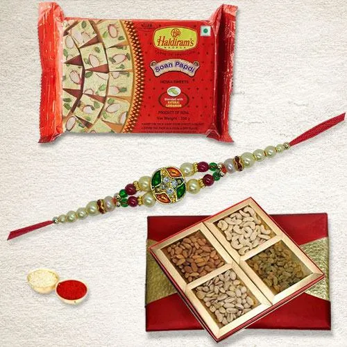 Ethnic Rakhi with Dry Fruits N Haldirams Soan Papdi