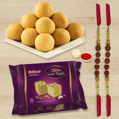 Rudraksha Rakhi	with Haldirams Soan Papdi N Boondi Ladoo