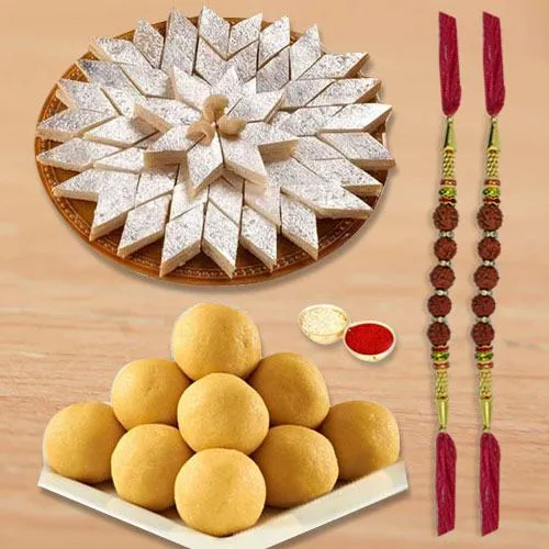 Rudraksha Rakhi with Kaju Katli N Boondi Ladoo