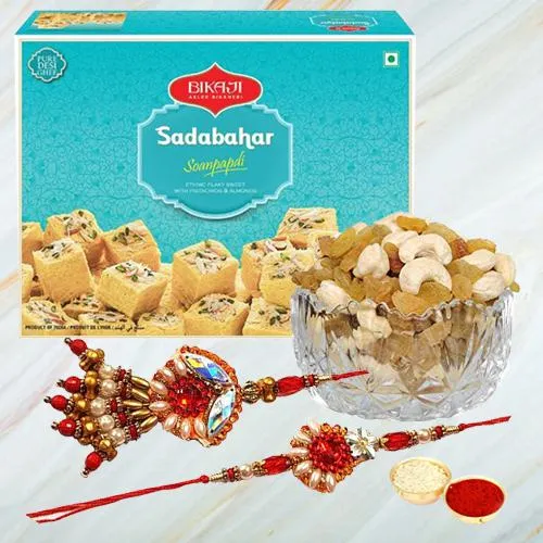 Patisha/Soan Papdi with Assorted Dry Fruits and Bhaiya Bhabhi Rakhi