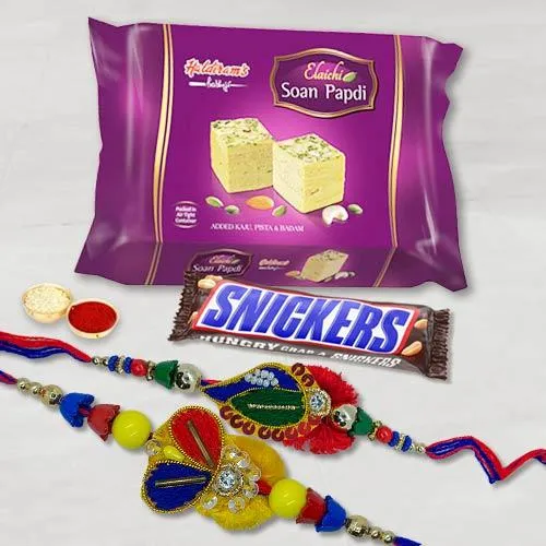 Imported Snickers with Soan Papdi n Rakhi Set