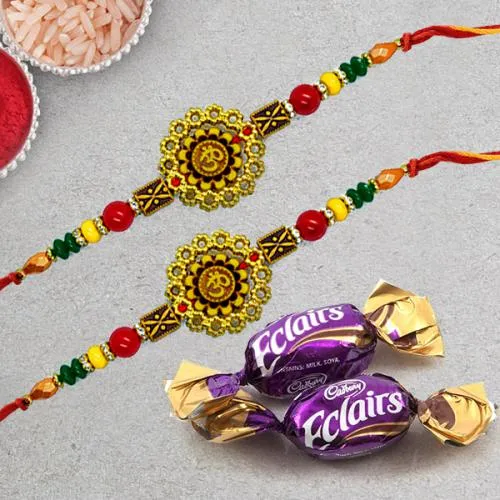 Gorgeous Pair of Om Rakhi with Chocolates, Roli Chawal Tika n Card