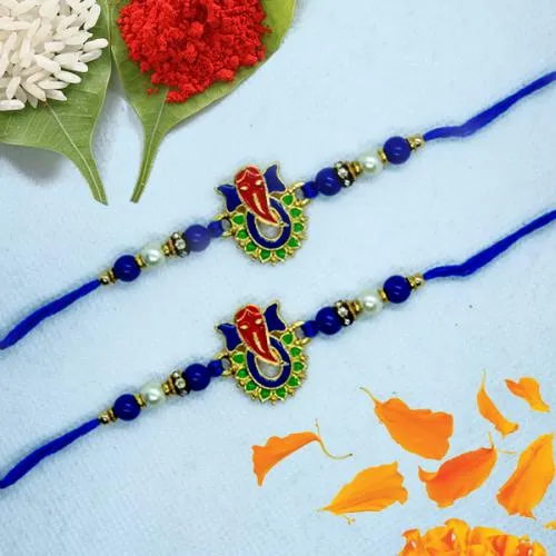 Flattering Pair of Ganesh Rakhi with Roli Chawal Tika n Card