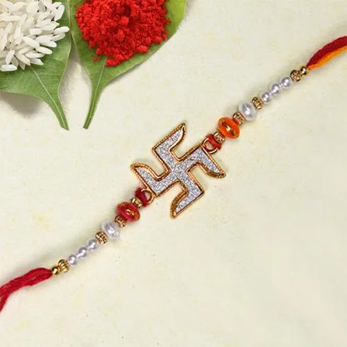 Attractive Swastik Rakhi with Roli Chawal Teeka n Card